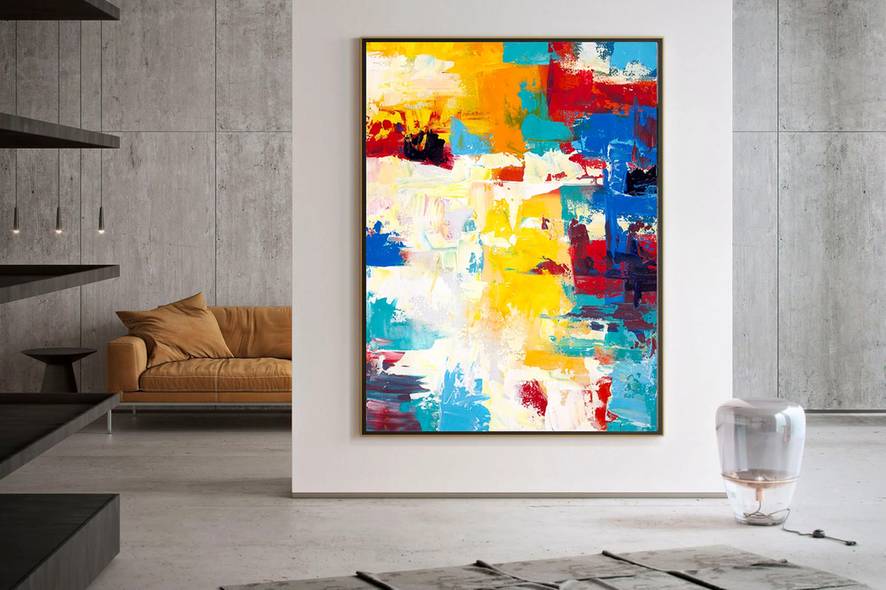 White Contemporary Yellow Abstract Canvas Artwork 6C0RJ wall art